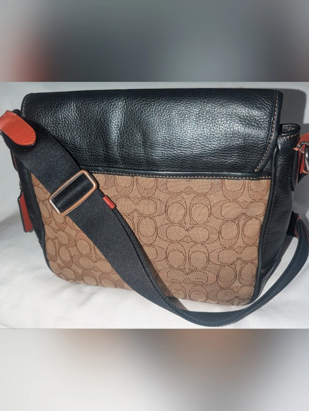Coach Sprint Map Bag 25 Black Leather & Brown Signature Messenger Bag
